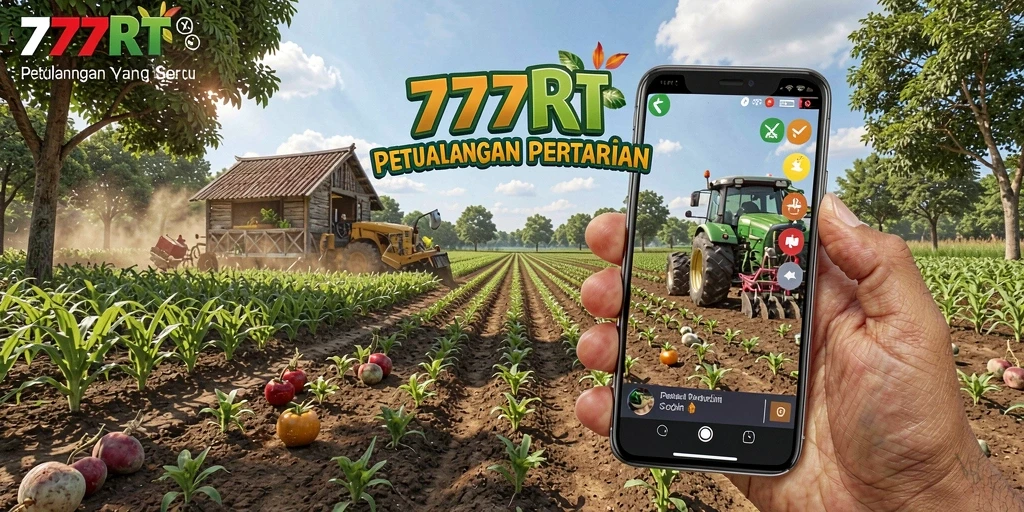 Screenshot dari gameplay 777RT menampilkan ladang yang subur dan hewan ternak.