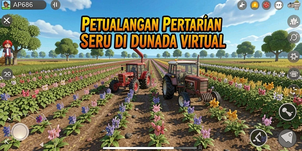 Screenshot gameplay AP686 menampilkan ladang yang subur dan beragam tanaman.