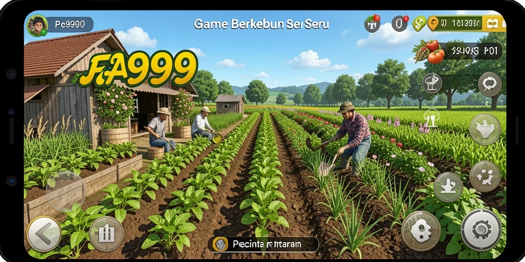 Tampilan gameplay FA99 menunjukkan kebun yang subur dan berbagai tanaman menarik.