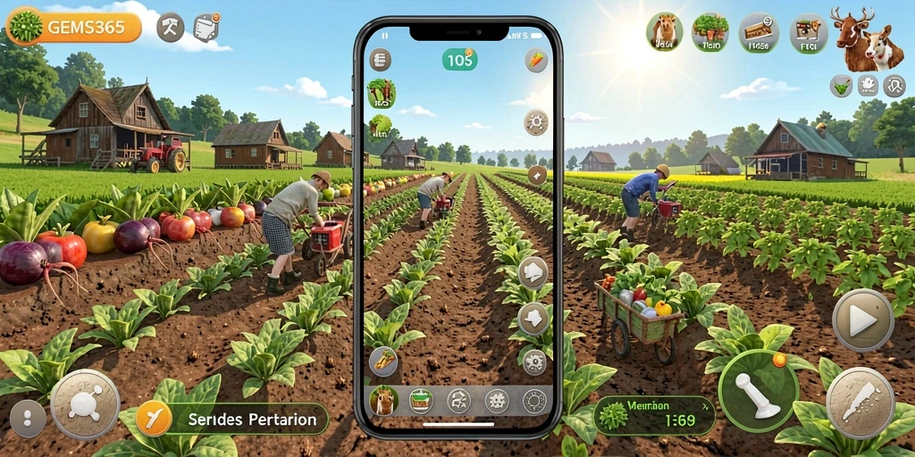 Tangkapan layar memukau dari gameplay GEMS365 dengan ladang hijau yang subur.