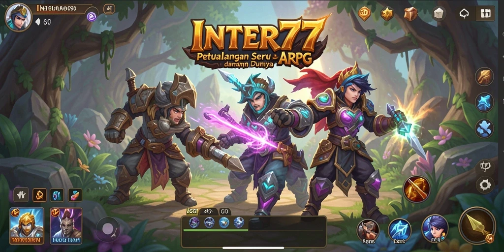 Screenshot INTER77 menampilkan pertempuran epik di dunia fantasi ARPG.