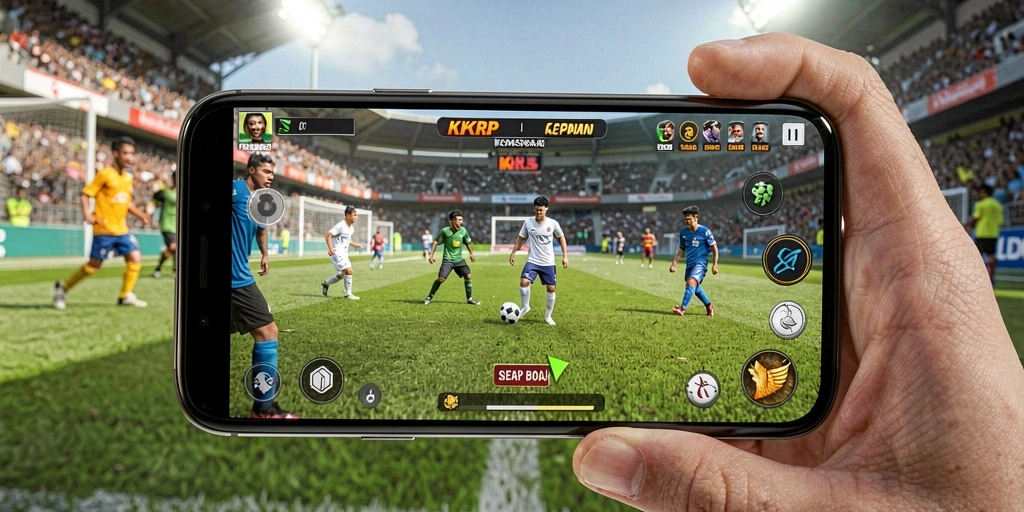 Screenshot permainan KKRP menampilkan aksi seru sepak bola.