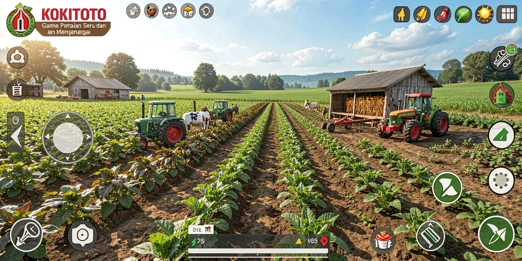 Screenshot gameplay KOKITOTO menampilkan kebun yang subur dan hewan peliharaan.