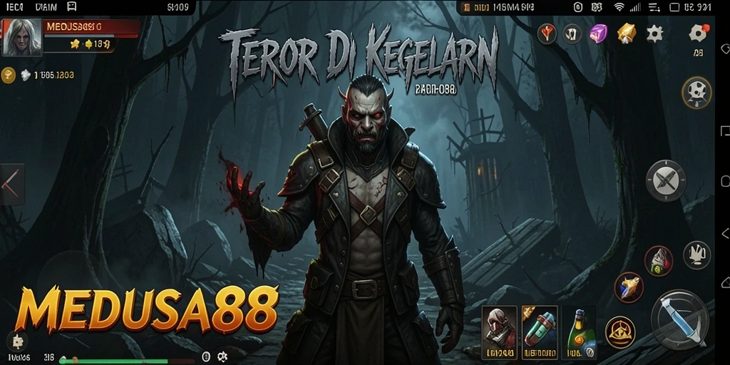 Tampilan gameplay MEDUSA88 yang menakutkan dan dramatis.