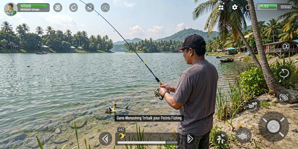 Tampilan gameplay MR888 dengan aksi memancing seru di laut.