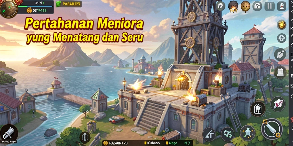 Screenshot gameplay PASAR123 yang menampilkan menara pertahanan yang strategis.